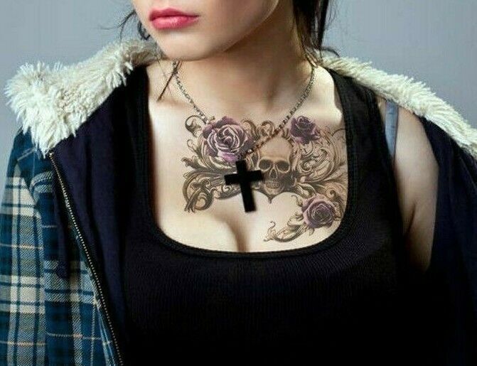 Purple Skulls Roses Temporary Tattoo Sticker Women Fake Chest Back UnderBoob Arm