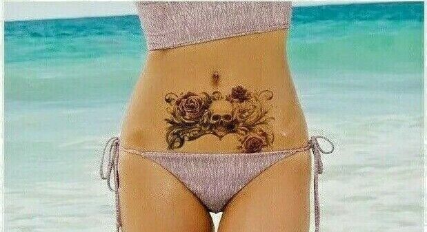 Purple Skulls Roses Temporary Tattoo Sticker Women Fake Chest Back UnderBoob Arm