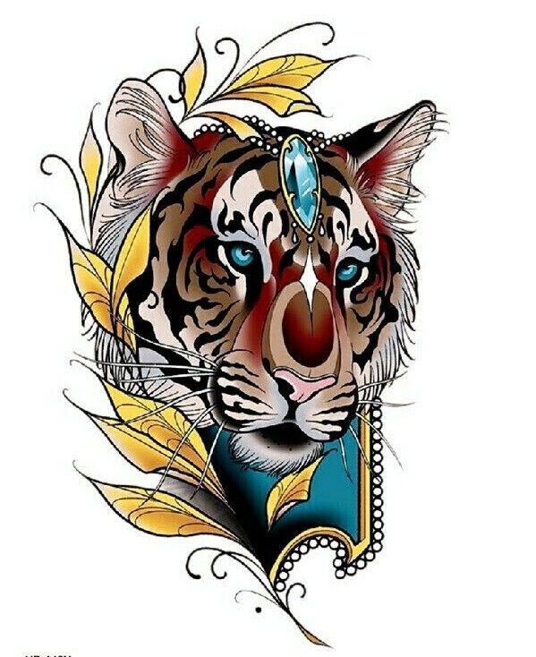 Tiger and Jewel Temporary Waterproof Tattoos Sleeve Women Mens Fake Sticker Wrap