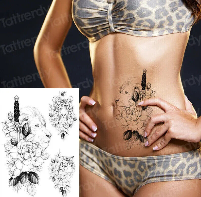 Lion Tiger Knife Flowers Waterproof Temporary Tattoos Sleeve Women Mens