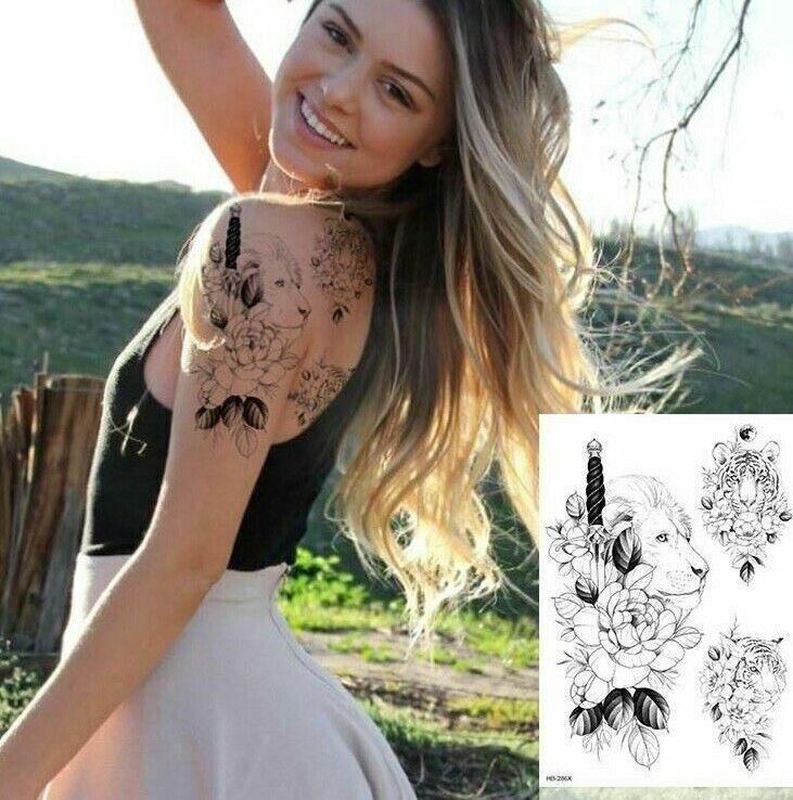 Lion Tiger Knife Flowers Waterproof Temporary Tattoos Sleeve Women Mens