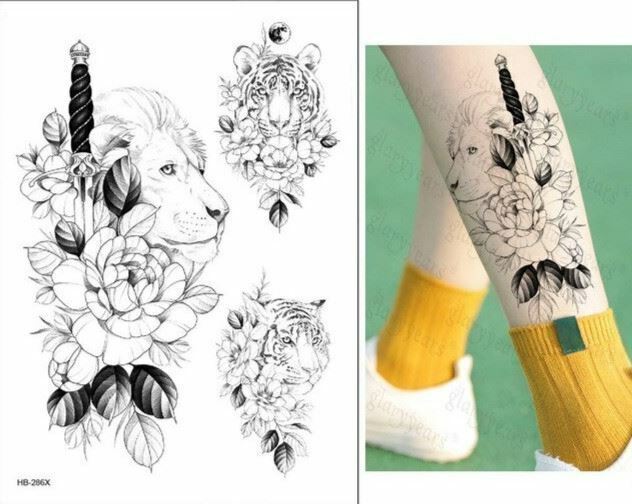 Lion Tiger Knife Flowers Waterproof Temporary Tattoos Sleeve Women Mens
