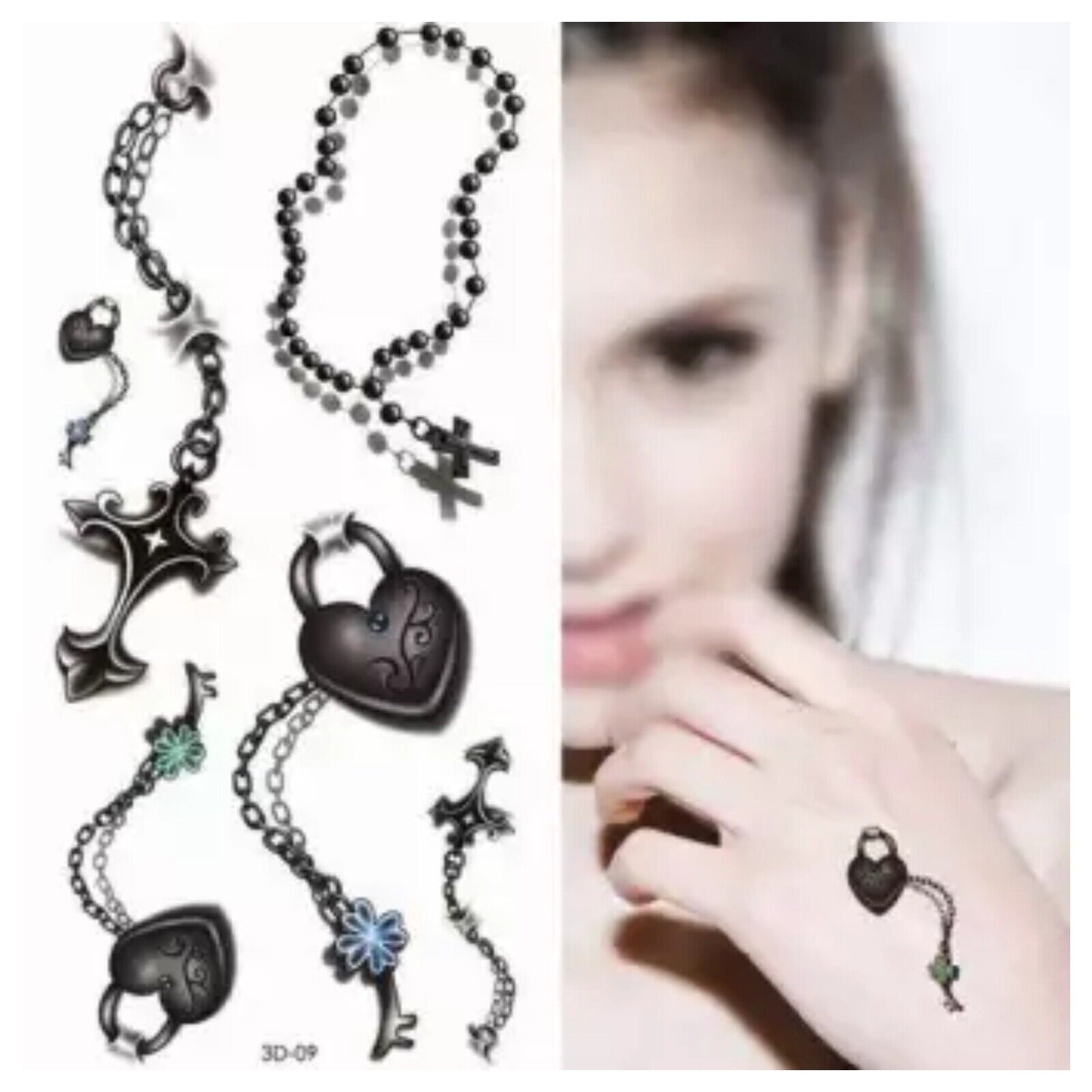 Goithic Cross Heart Chains Temporary Tattoos Waterproof Sleeve Womens women art