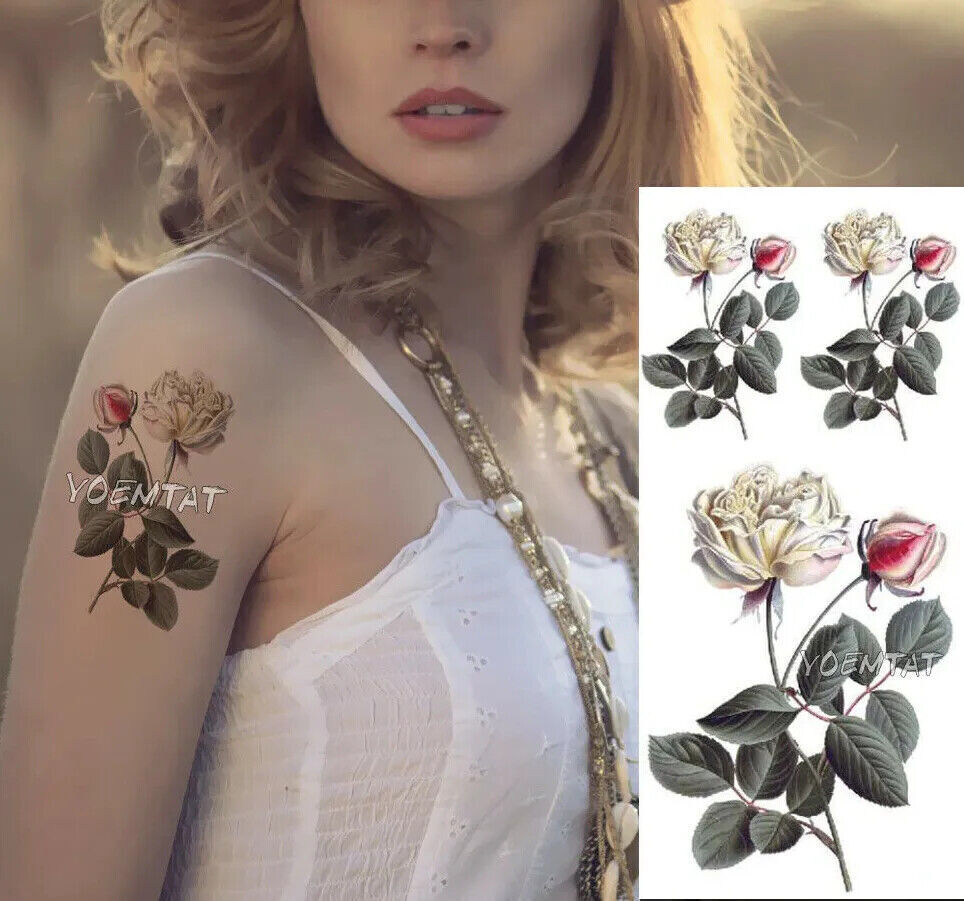 White Red Roses Flower Temporary Tattoo Fake Press on Sticker Womens Body Art