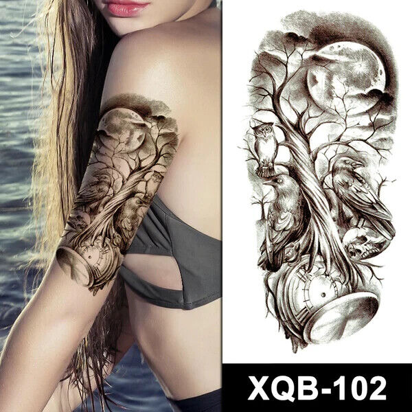 Tree Owl Crow Skull Time Waterproof Womens Temporary Arm Tattoo Fake Body Chest