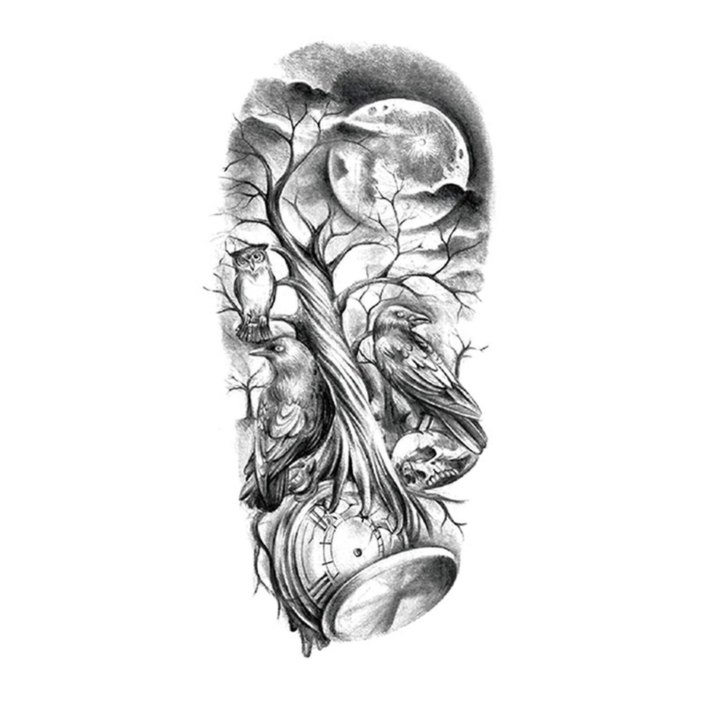Tree Owl Crow Skull Time Waterproof Womens Temporary Arm Tattoo Fake Body Chest