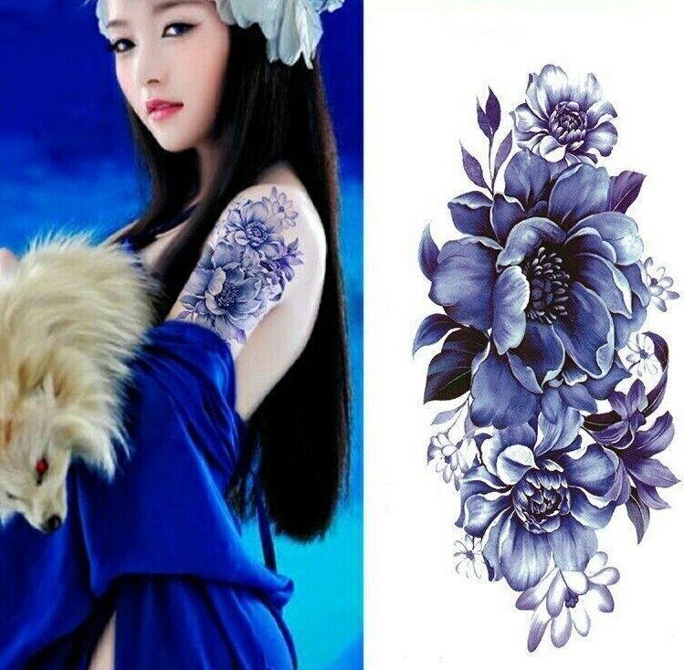 Sexy Blue Flower Womens Temporary Tattoo Fake Press on Sticker Women Half Sleeve