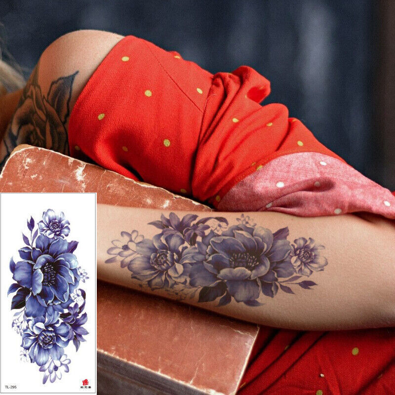 Sexy Blue Flower Womens Temporary Tattoo Fake Press on Sticker Women Half Sleeve
