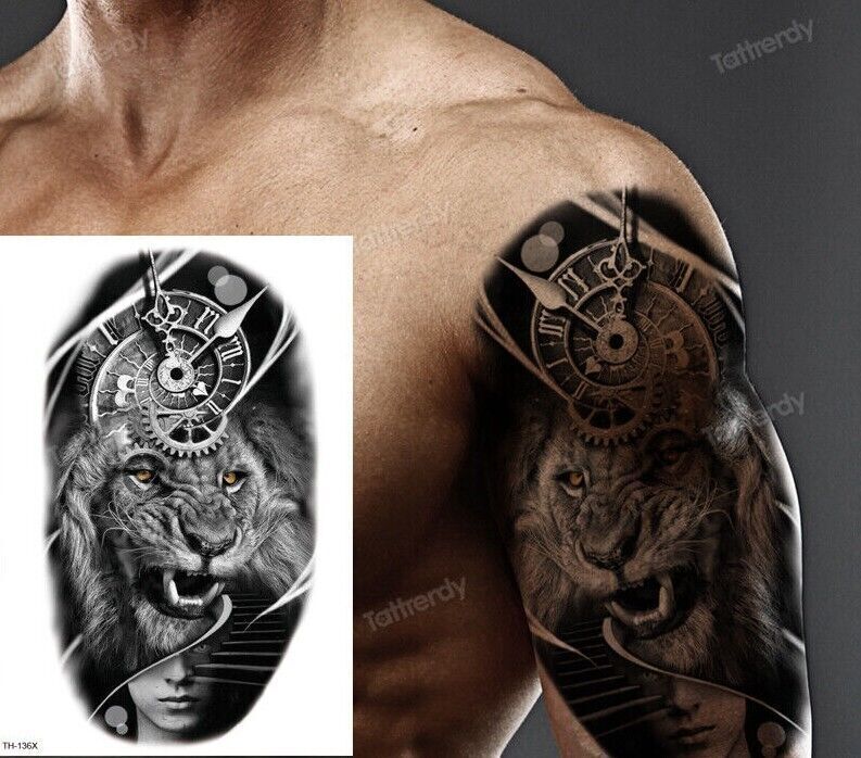 Lion Time Clock Waterproof Temporary Transfer Tattoo Tattoos Womens Mens Sleeve