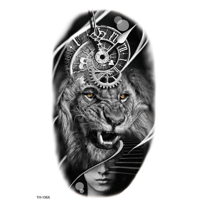 Lion Time Clock Waterproof Temporary Transfer Tattoo Tattoos Womens Mens Sleeve