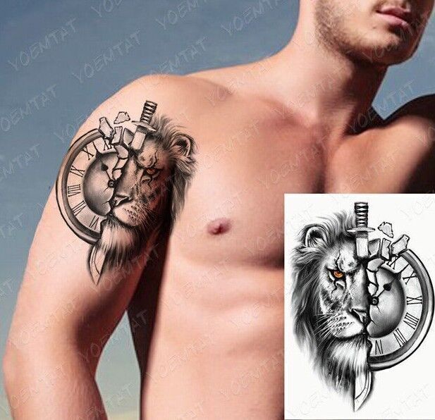 Lion Dagger Clock Waterproof Temporary Transfer Tattoo Womens Mens Sleeve Knife
