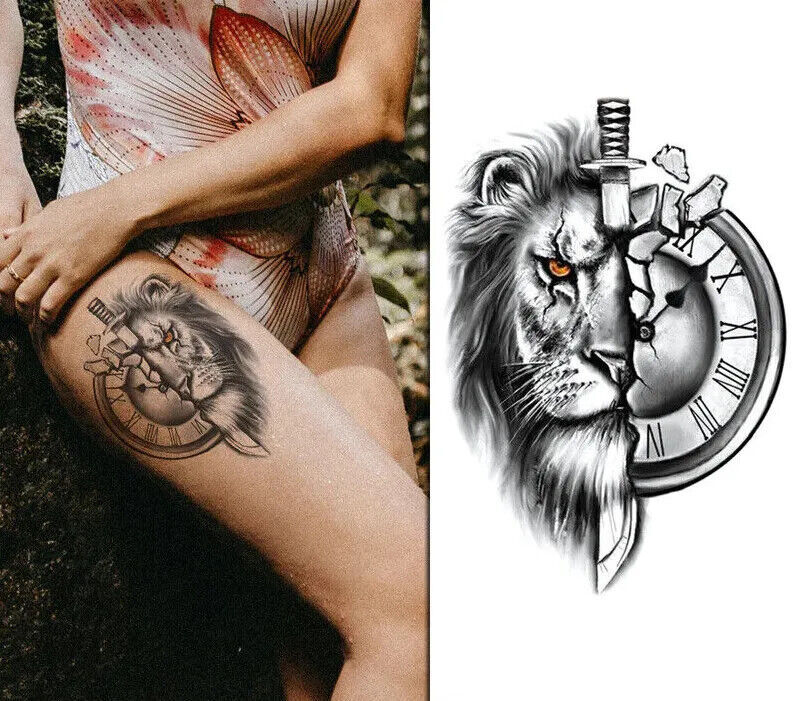 Lion Dagger Clock Waterproof Temporary Transfer Tattoo Womens Mens Sleeve Knife