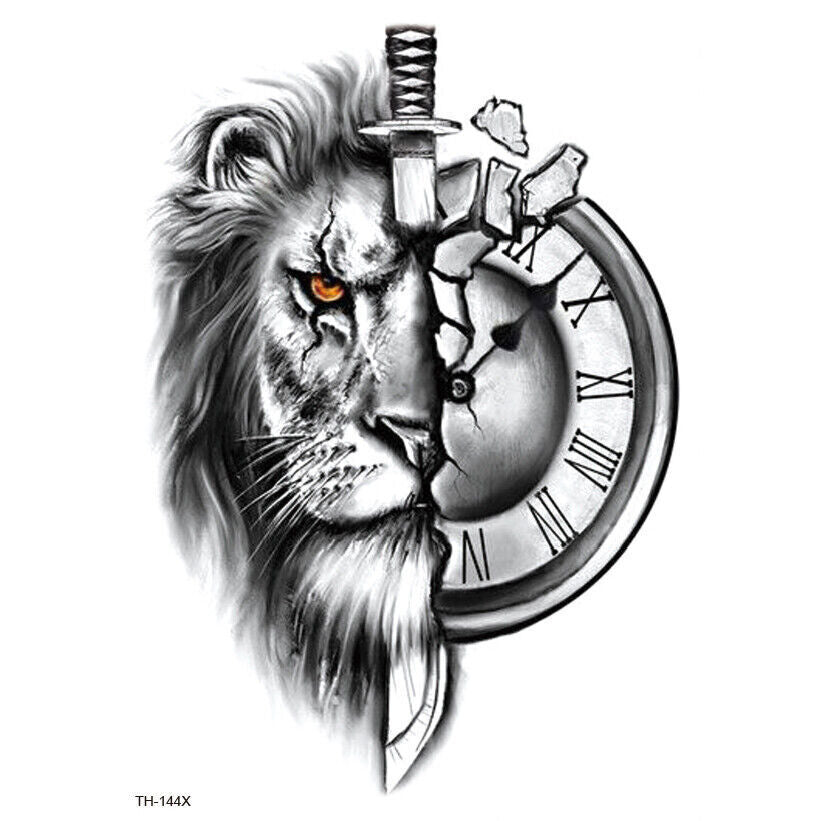 Lion Dagger Clock Waterproof Temporary Transfer Tattoo Womens Mens Sleeve Knife
