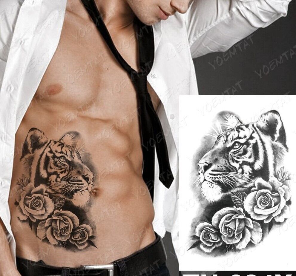 Tiger Roses Waterproof Temporary Transfer Tattoo Sleeve Time Rose Body Women
