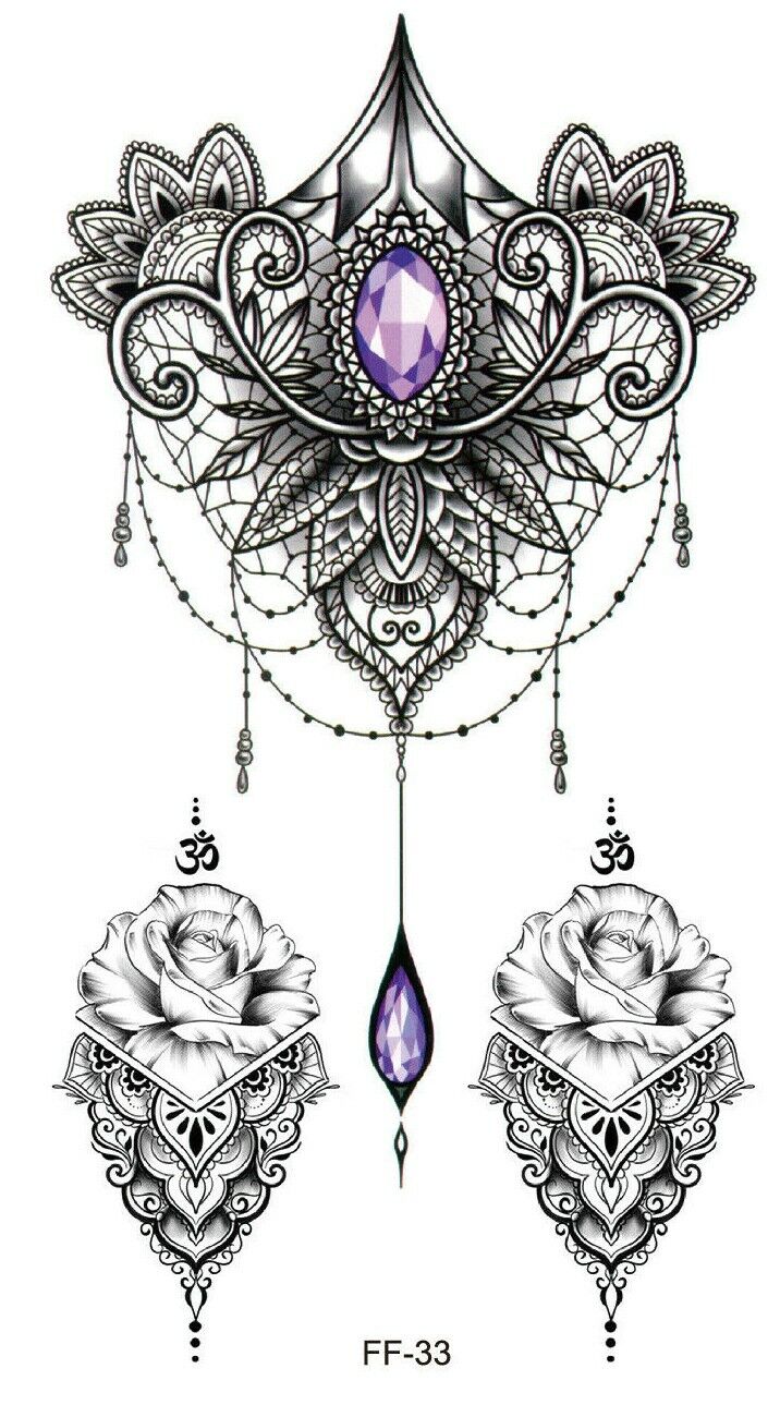 Amethyst Purple Temporary Tattoo Mandala Jewel Lace Rose Women Arm Leg Press on