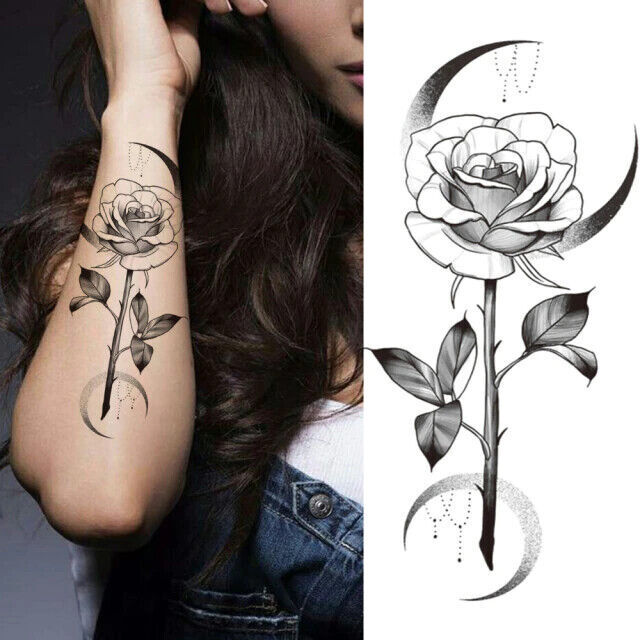 Rose Moon Temporary Tattoo Womens Mens Arm Thigh Leg Chest Moon Crest Waterproof