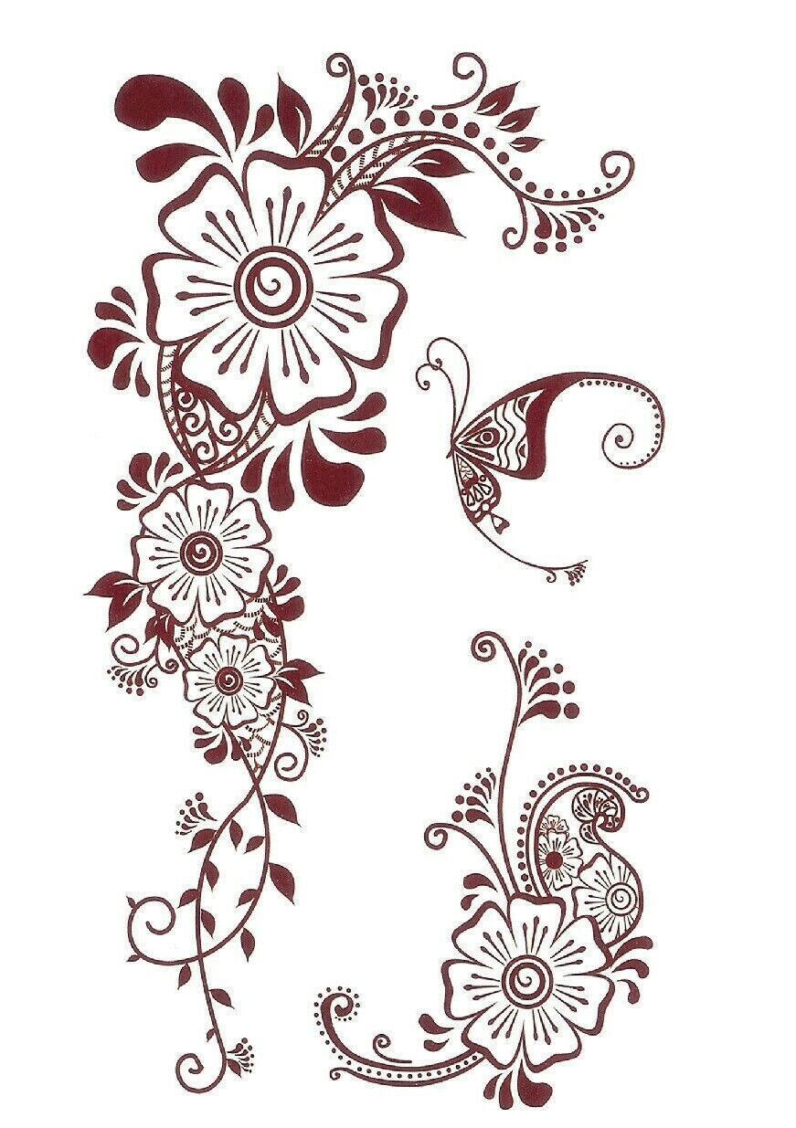 Red Brown Floral Butterfly Temporary Tattoos Women Girl Arm Leg Butterflies