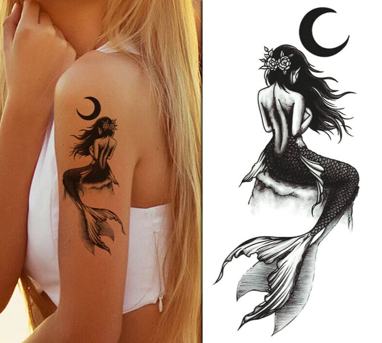 Moon Mermaid Waterproof Womens Temporary Tattoos Arm Tattoo Fake Body Chest Back