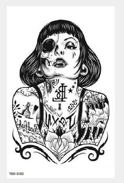 Sexy goth Girl Temporary Tattoo Fake Sticker Womens Mens Arm Leg Thigh Chest UK