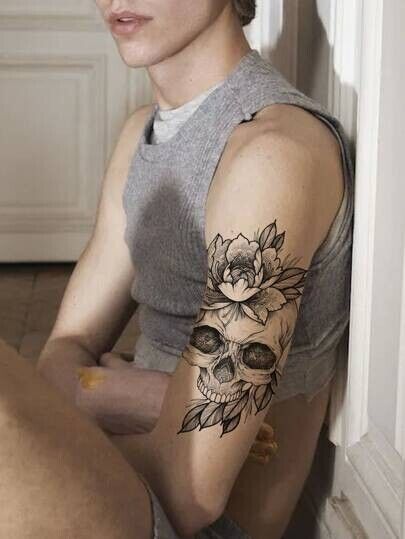 Skull Head & Flower Pattern Temporary Tattoo Fake Sticker Womens Mens Arm Leg UK