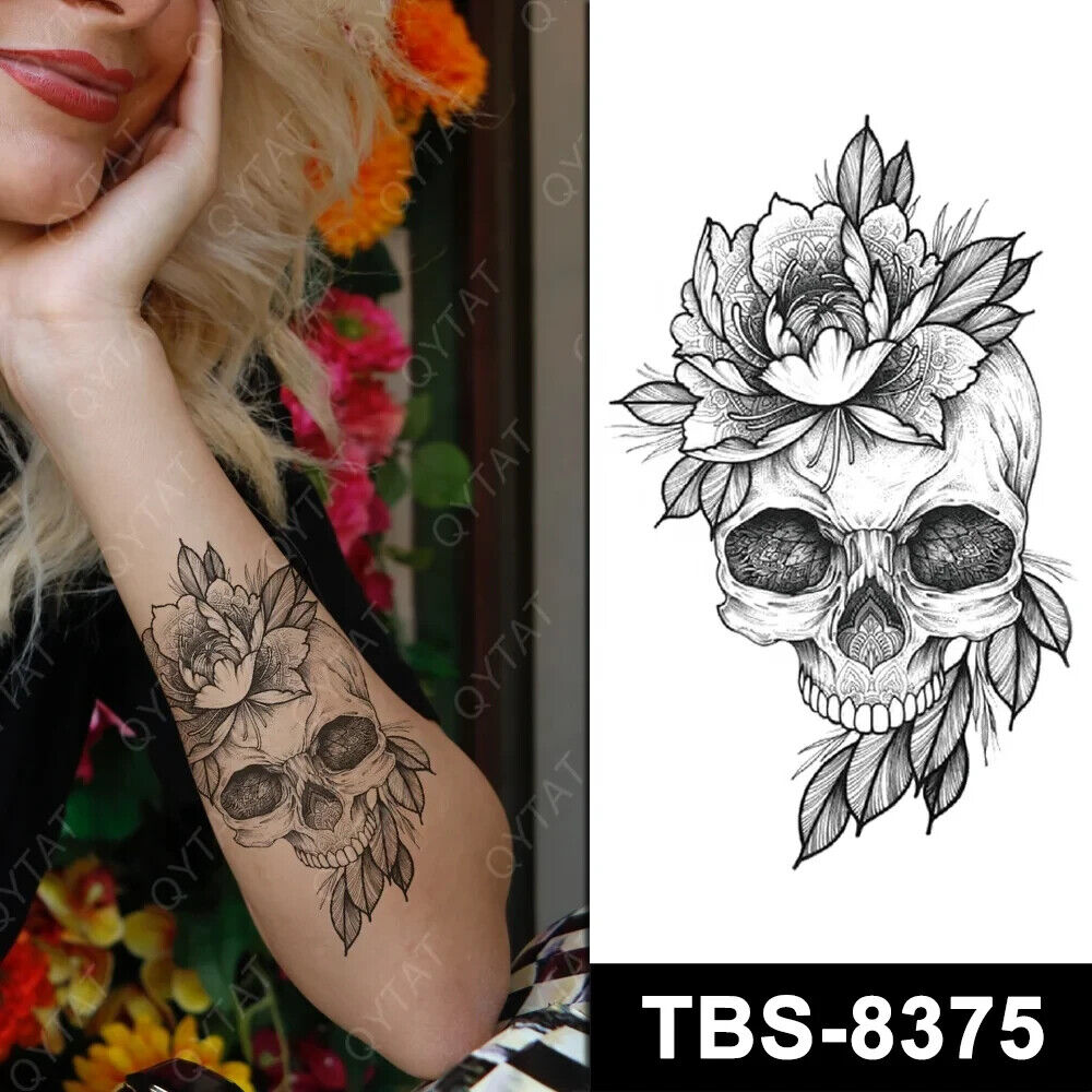 Skull Head & Flower Pattern Temporary Tattoo Fake Sticker Womens Mens Arm Leg UK