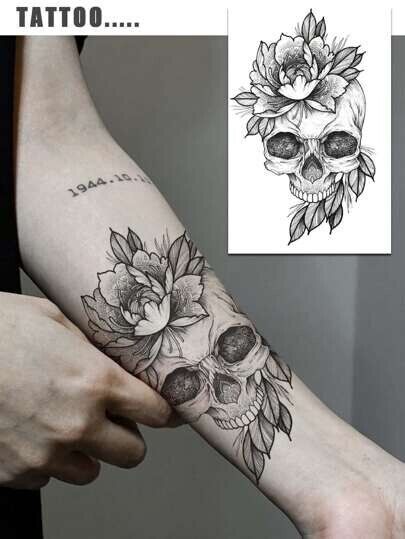 Skull Head & Flower Pattern Temporary Tattoo Fake Sticker Womens Mens Arm Leg UK