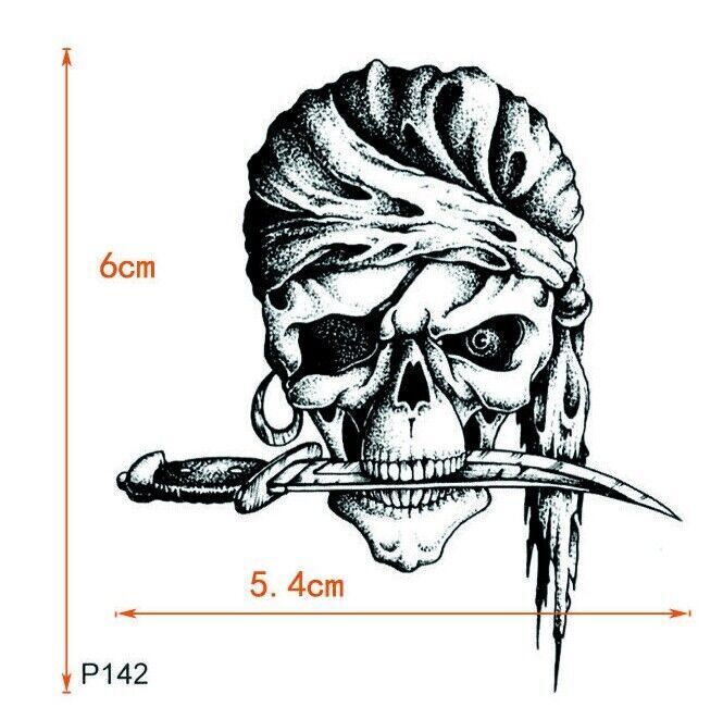 Pirate Skull Temporary Tattoo Skeleton Dagger Waterproof Women Mens Kids Fake