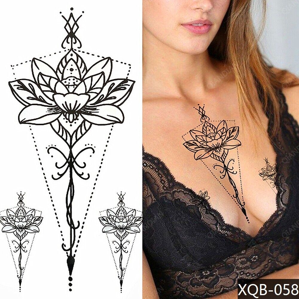 Symmetrical Flower Temporary Tattoo Waterproof Womens Fake Body Chest tattoos