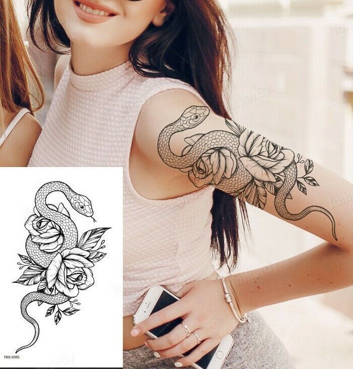 Snake and Roses Arm Tattoo Womens Temporary Tattoos Mens Arm Leg Festival Body