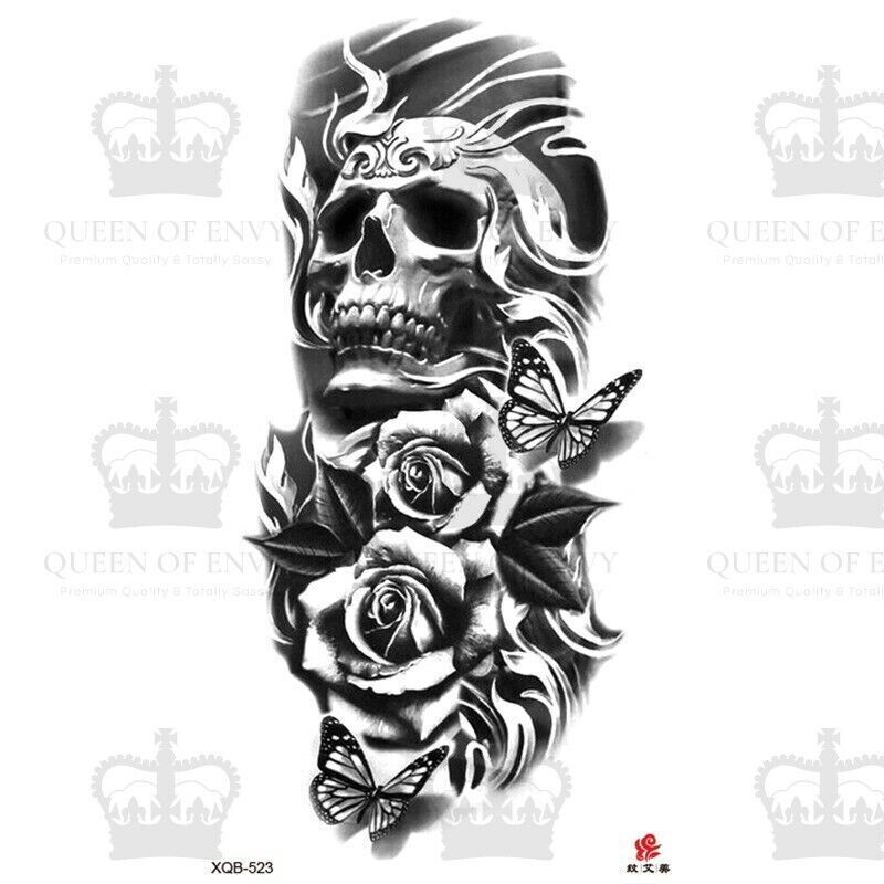 Skull Roses Temporary Tattoo Fake Waterproof Sticker Womens Mens Arm Leg