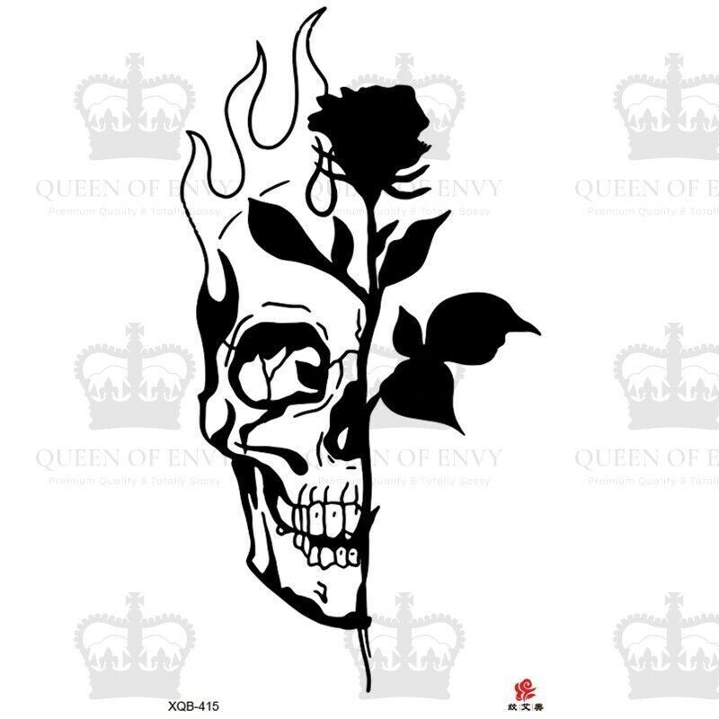 Skull Black Rose Flame Temporary Tattoo Fake Press Sticker Womens Mens Arm Leg