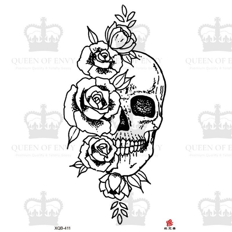 Skull Roses Flowers Temporary Tattoo Fake Press Sticker Womens Mens Tattoos Body
