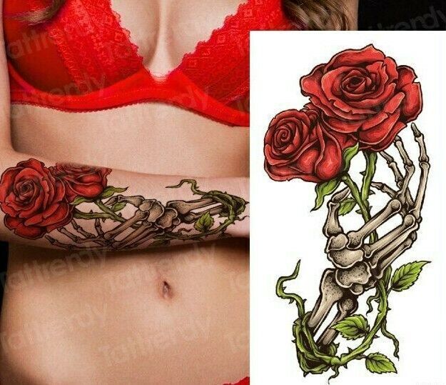 Red Roses Skeleton Hand Temporary Tattoo Fake Sticker Womens Mens Waterproof arm