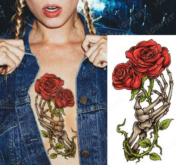 Red Roses Skeleton Hand Temporary Tattoo Fake Sticker Womens Mens Waterproof arm