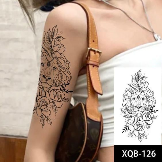 Lion tattoos Flowers Roses Tattoo Fake Press Sticker Women Lioness Sleeve Arm