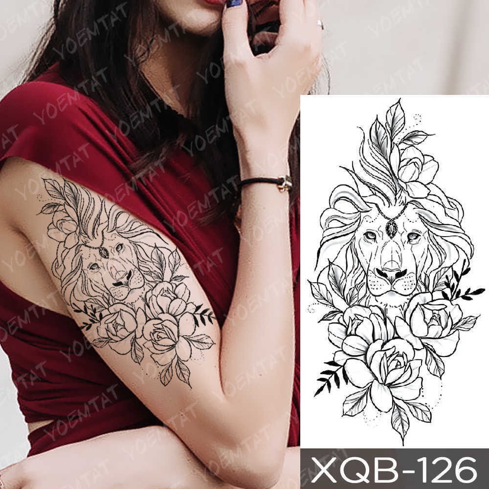 Lion tattoos Flowers Roses Tattoo Fake Press Sticker Women Lioness Sleeve Arm