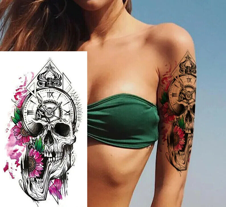Pink Skull Flowers Womens Temporary Tattoo Fake Press Sticker Waterproof tattoos