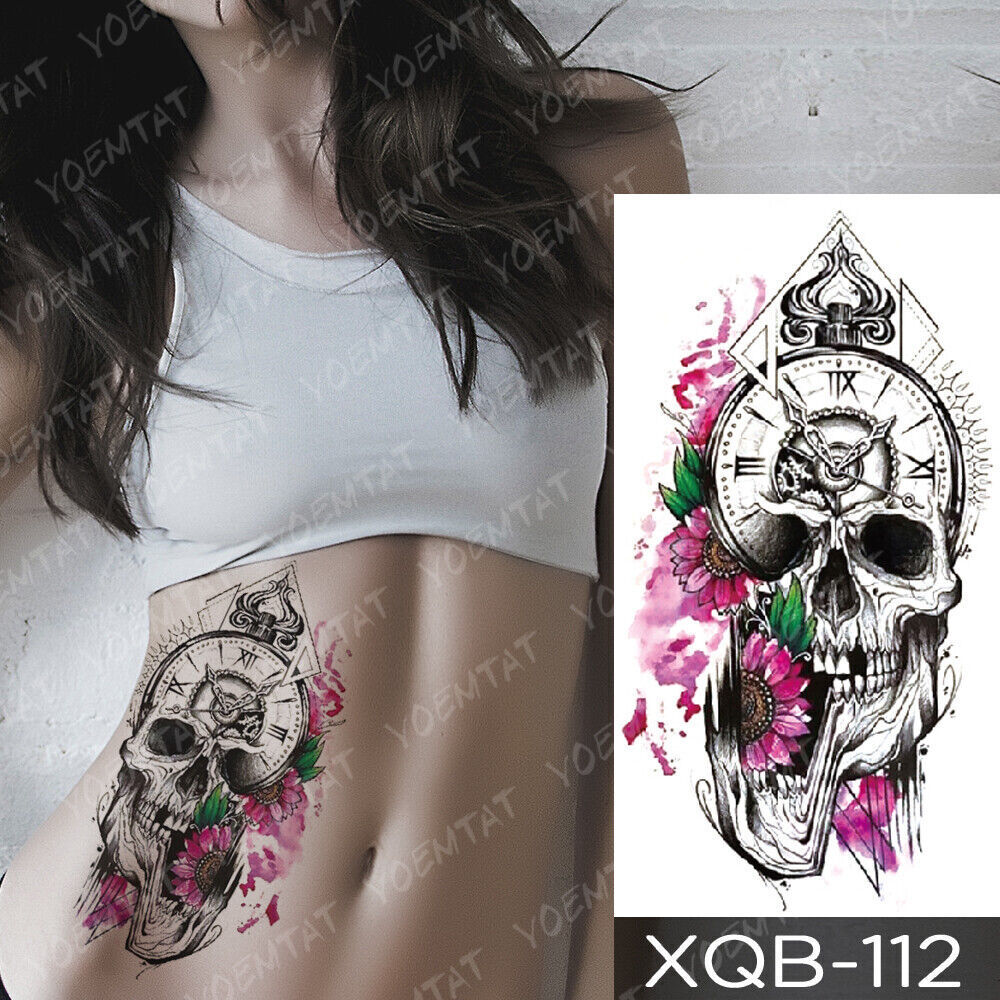Pink Skull Flowers Womens Temporary Tattoo Fake Press Sticker Waterproof tattoos