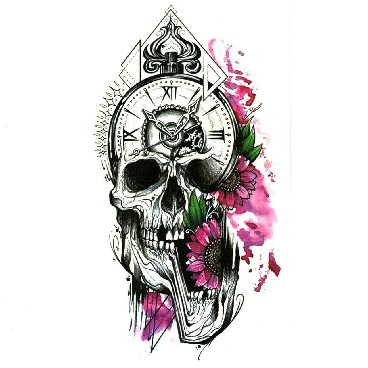 Pink Skull Flowers Womens Temporary Tattoo Fake Press Sticker Waterproof tattoos
