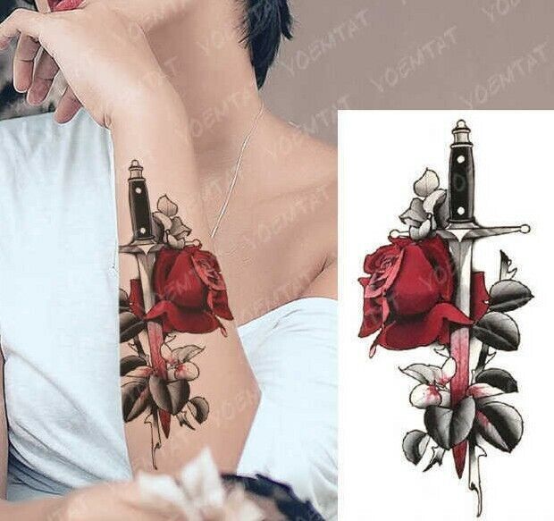 Red Roses & Knife Temporary Tattoo Dagger Love Fake Sticker Women Mens