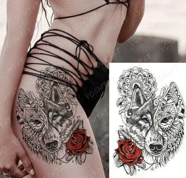 Maori Wolf Red Rose Tattoo Sticker Womens Mens Fake Arm Half Sleeve Leg tattoos