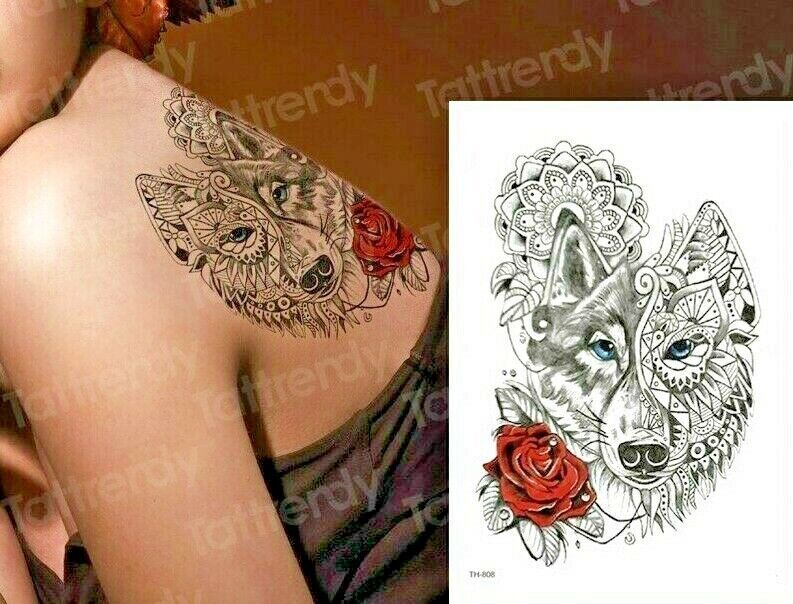 Maori Wolf Red Rose Tattoo Sticker Womens Mens Fake Arm Half Sleeve Leg tattoos