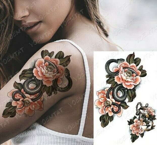 Snake Flowers Temporary Tattoo Love Trap Sticker Womens Fake Arm Sleeve Leg