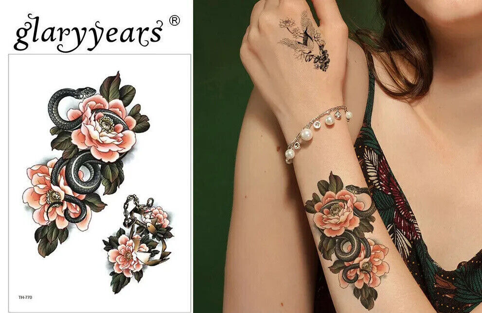 Snake Flowers Temporary Tattoo Love Trap Sticker Womens Fake Arm Sleeve Leg
