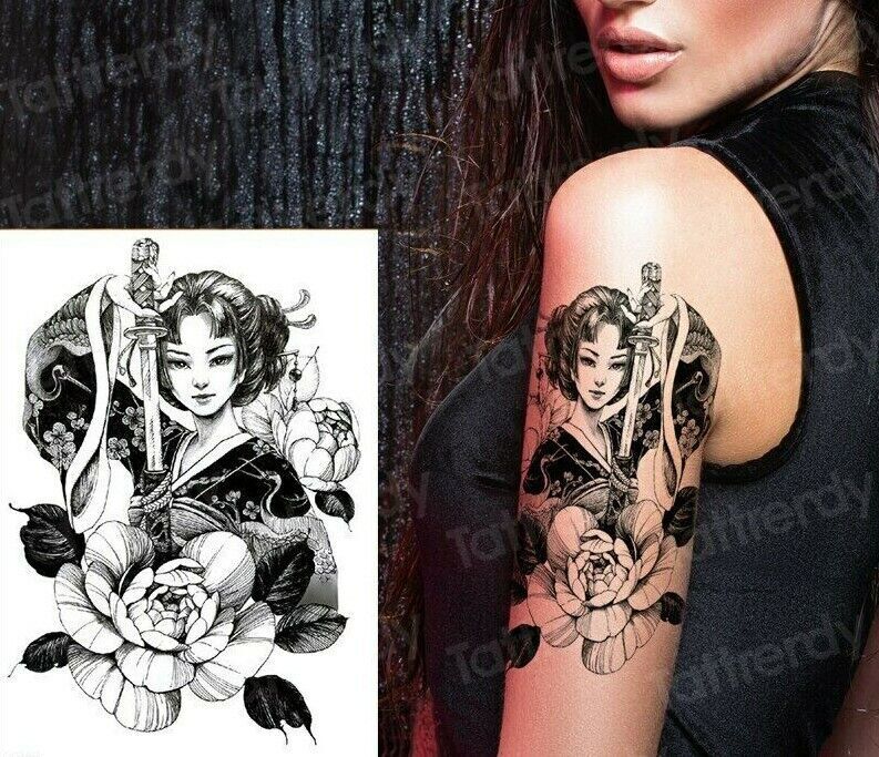 Japanese Girl Katana Temporary Tattoo Sticker Womens Fake Arm Leg Mens tattoos