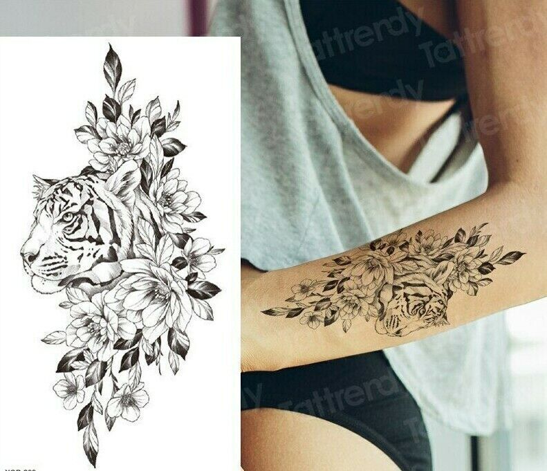 Tiger Flowers Womens Temporary Tattoo Fake Girls Arm Leg Back Waterproof Tattoos
