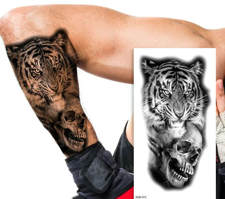 Tiger with Skull Temporary Tattoo Fake Sticker Waterproof Womens Mens Arm Leg