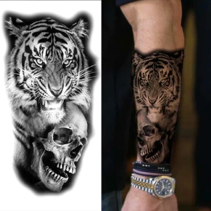Tiger with Skull Temporary Tattoo Fake Sticker Waterproof Womens Mens Arm Leg