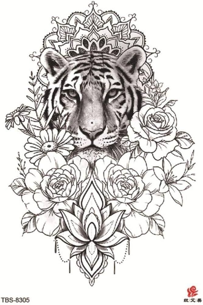 Tiger Flowers Temporary Tattoo Womens Tattoos Arm Leg Thigh Sleeve Fake Sticker