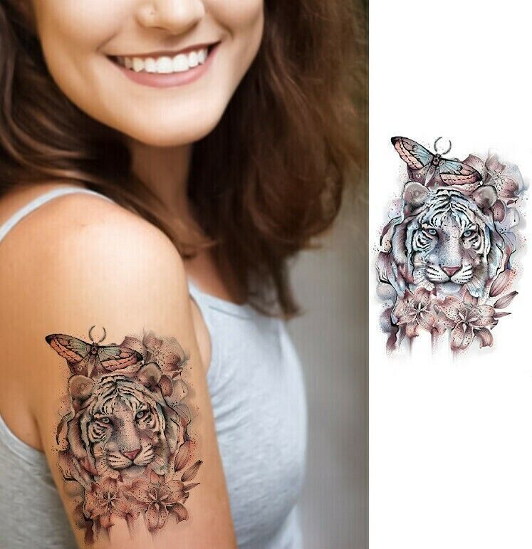Tiger Butterfly Flowers Temporary Tattoo Fake Sticker Women Arm Leg Thigh Sleeve
